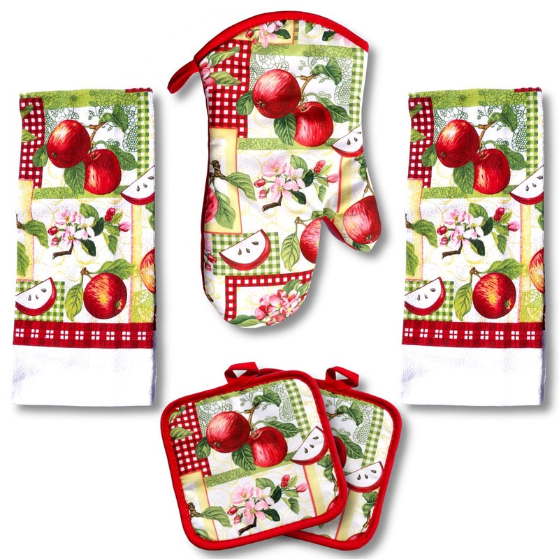 Lobyn Value Packs - 5 Piece Country Kitchen Towel Set: Features Red Apples on a Patchwork Quilt, 2 Decorative Dish Towels, 1 Oven Mitt, and 2 Quilted Potholders - Image 1